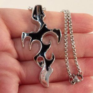 Mens Silver Stainless Steel Black Fire Flame Cross Dragon Pendant Chain Necklace